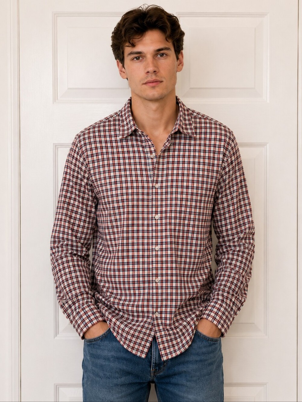 FatFace Plaid Button Front Long Sleeve Cotton Casual Shirt Sz S Brown Cream Work